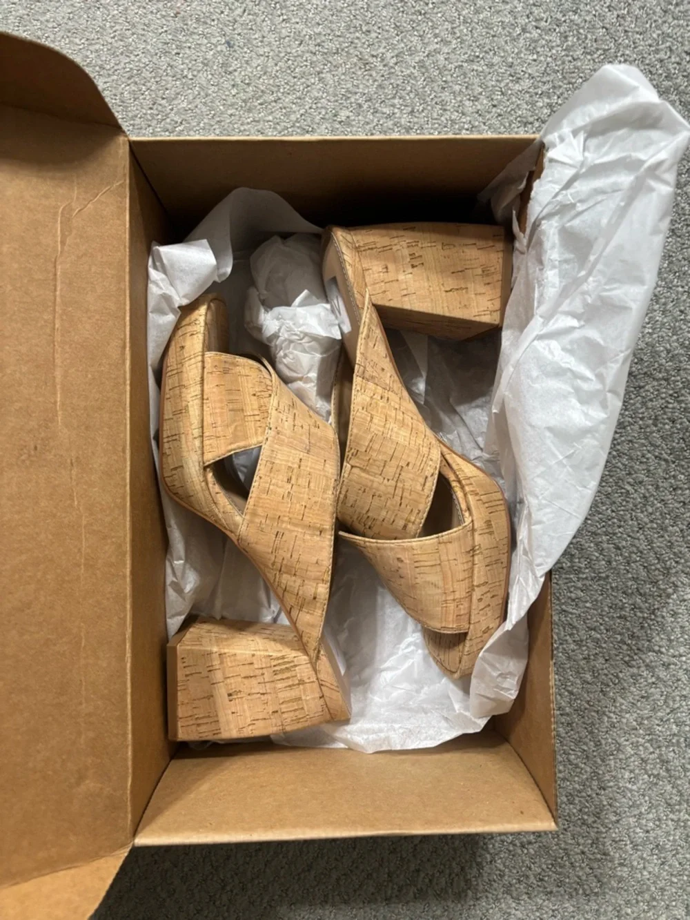 Dolce Vita Tan Cork Crossover Block Heel Slides. DV Dolce Vita womens Boscoe